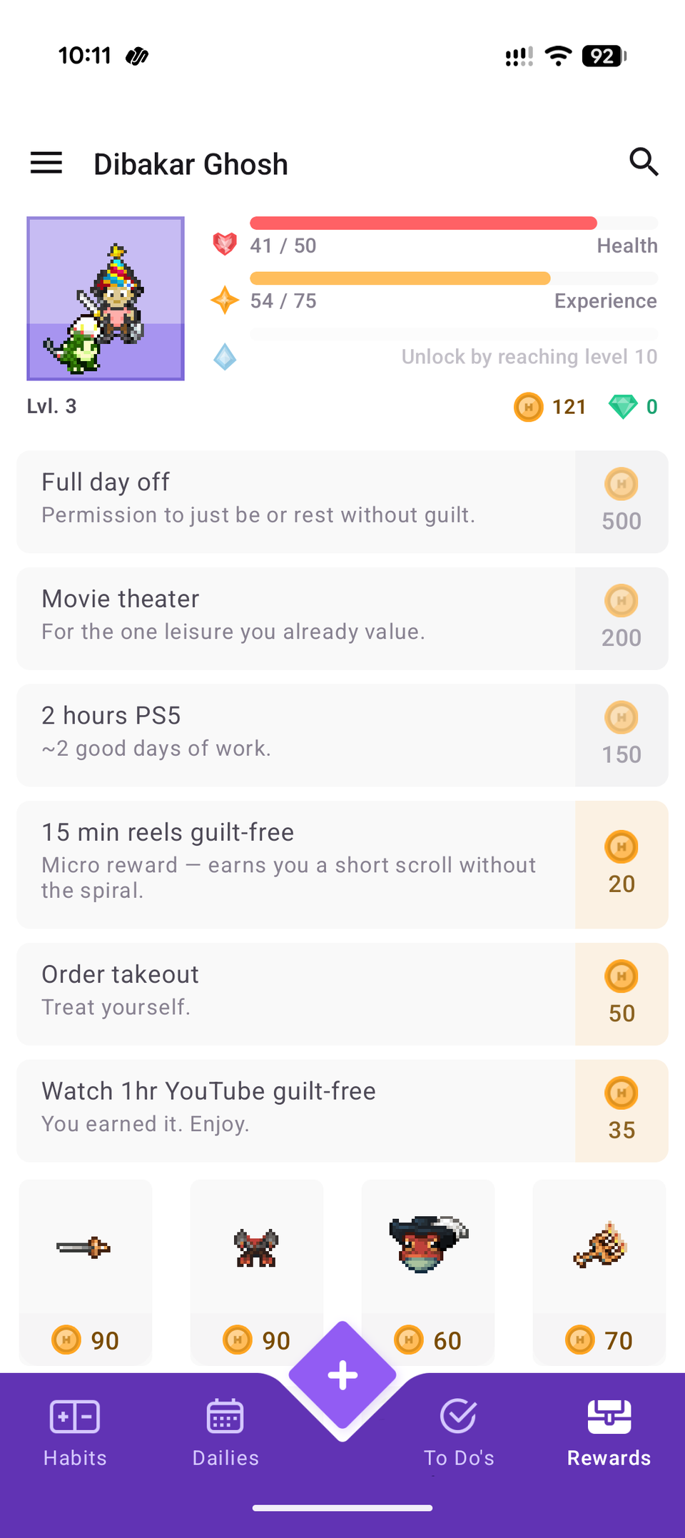 Habitica rewards tab showing full day off movie theater and PS5 session custom rewards.