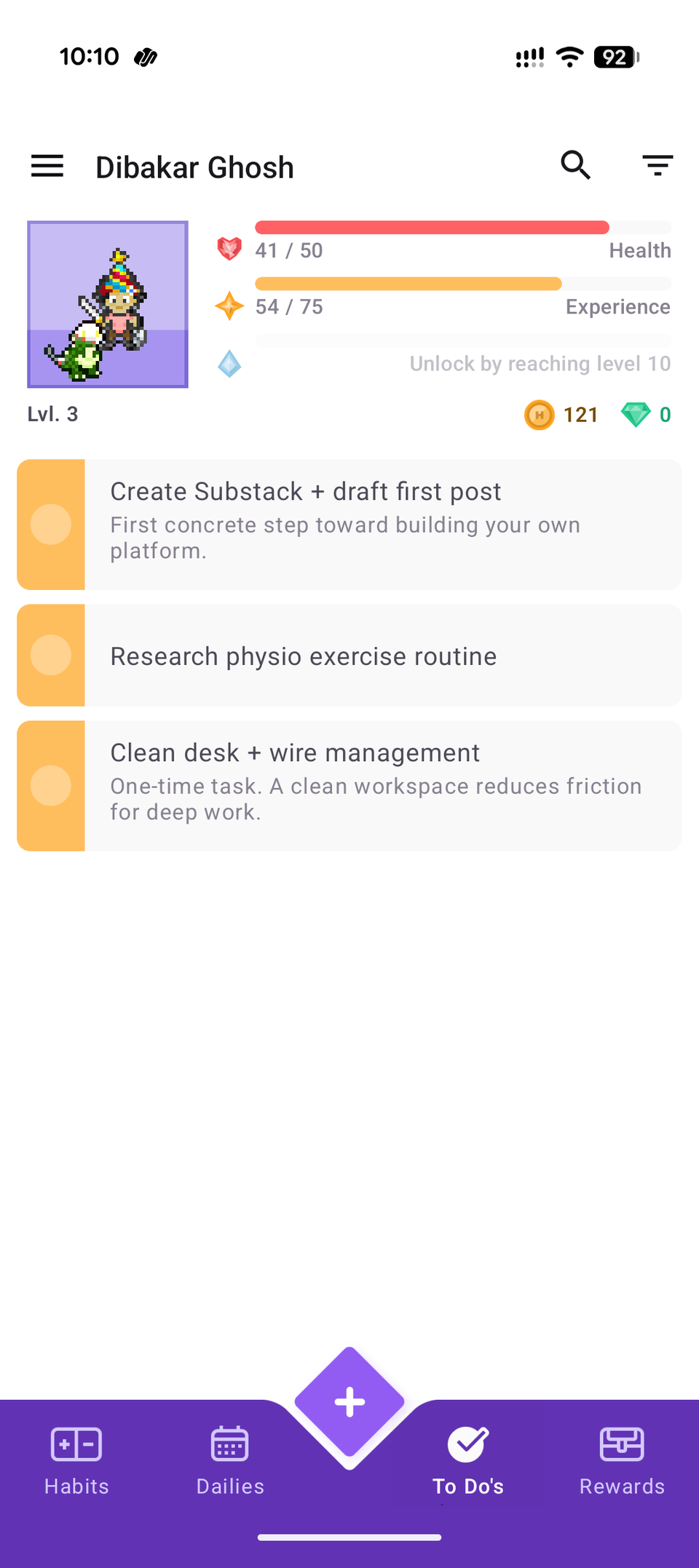 Habitica to dos tab showing Substack draft physio research and desk cleanup tasks.