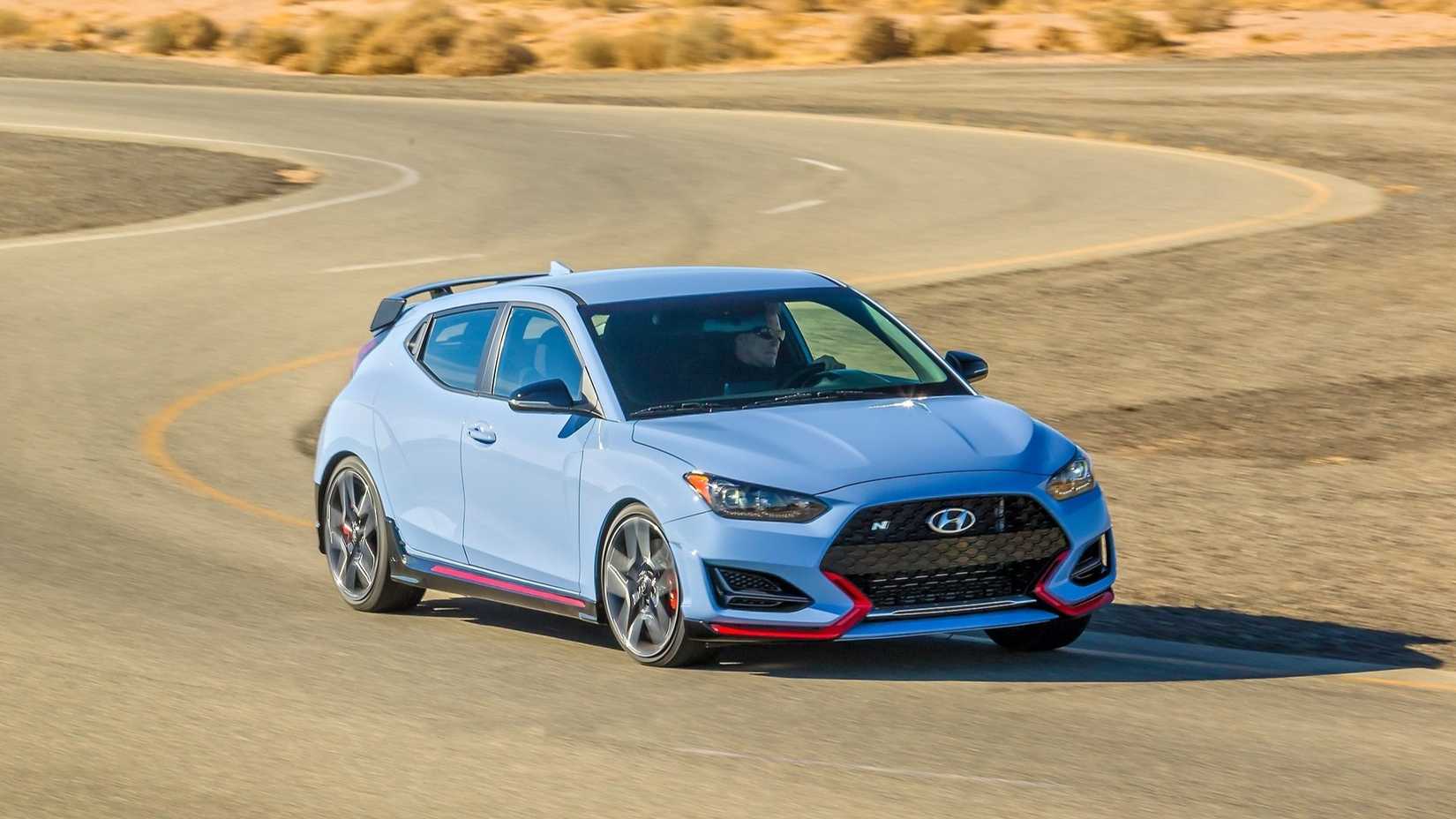 Front 3/4 action shot of a 2019 Hyundai Veloster N