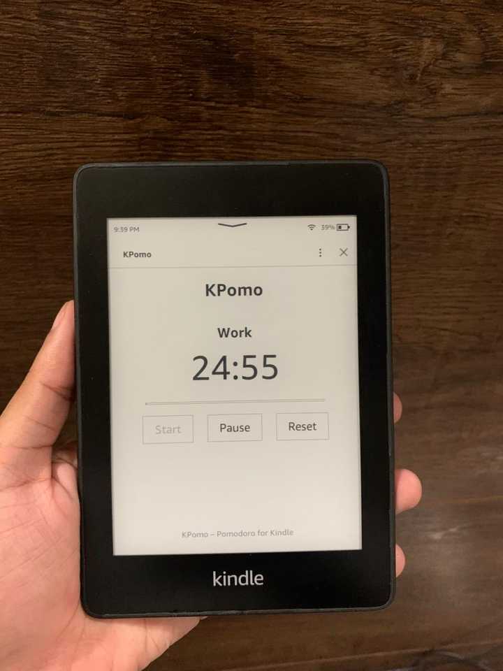 The KPomo Pomodoro timer running on a jailbroken Kindle