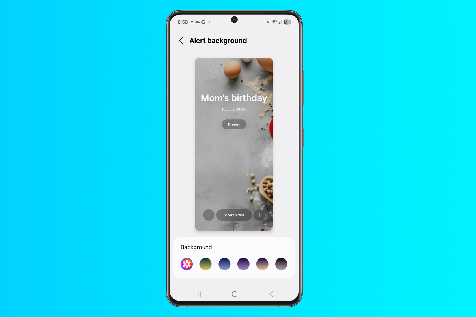 Samsung デバイスでの Samsung カレンダー アラートの背景のカスタマイズ。