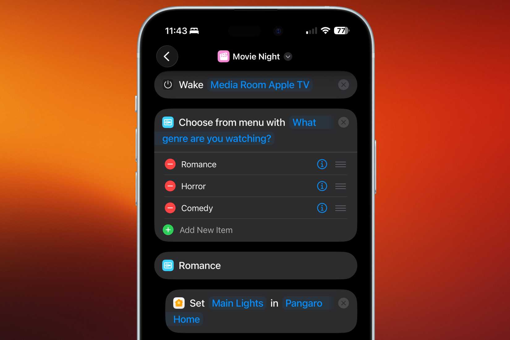 A Siri Shortcut for movie night that asks what genre you're watching on your iPhone.