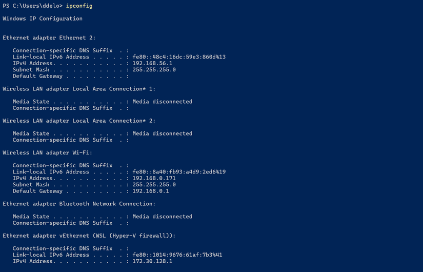 ipconfig showing networking interfaces in Windows in PowerShell.