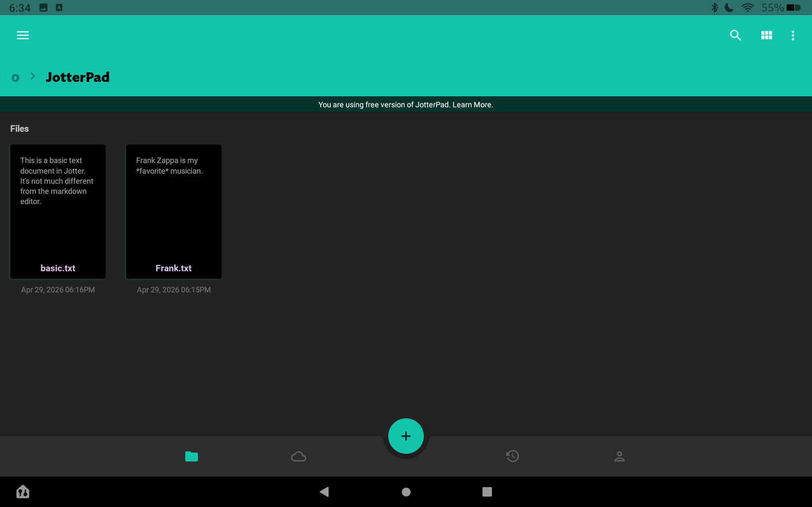 Working on a document in Jotterpad on a Kindle tablet