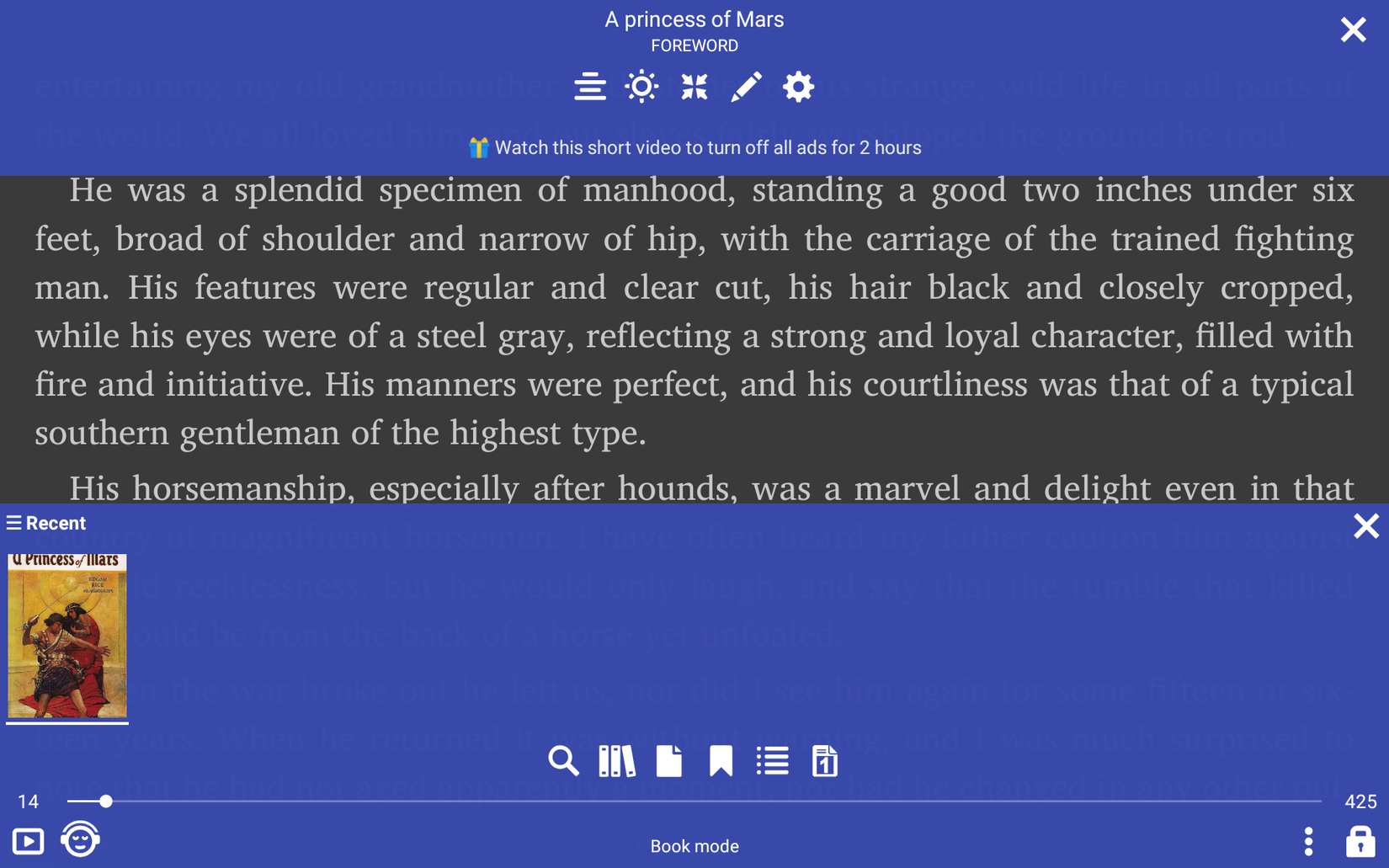 The book, A Princess of Mars, being read in reader mode on Librera.