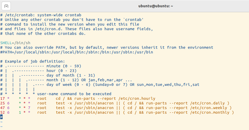 A crontab file with many comments explaining the format and several entries, each with a series of numbers to define its frequency and a command that will run at the given time. 