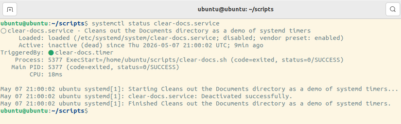 The status of a systemd service showing a path to the script it will run and logging details. 