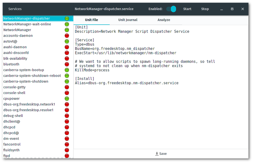 The Systemd Manager app showing a list of services in one column and details of a Unit File in the main panel.