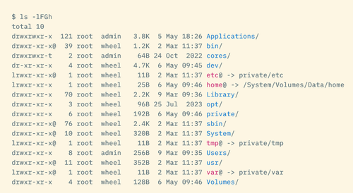 The ls -FGhl output shows file details, colors, and human-readable sizes