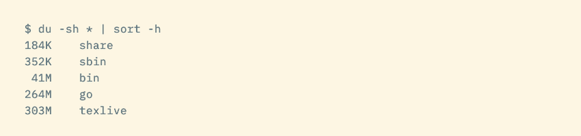 The du command piped to sorted, showing human-readable sizes (like "184K" and "41M") ordered correctly.