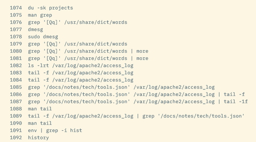 Filtering command history with grep