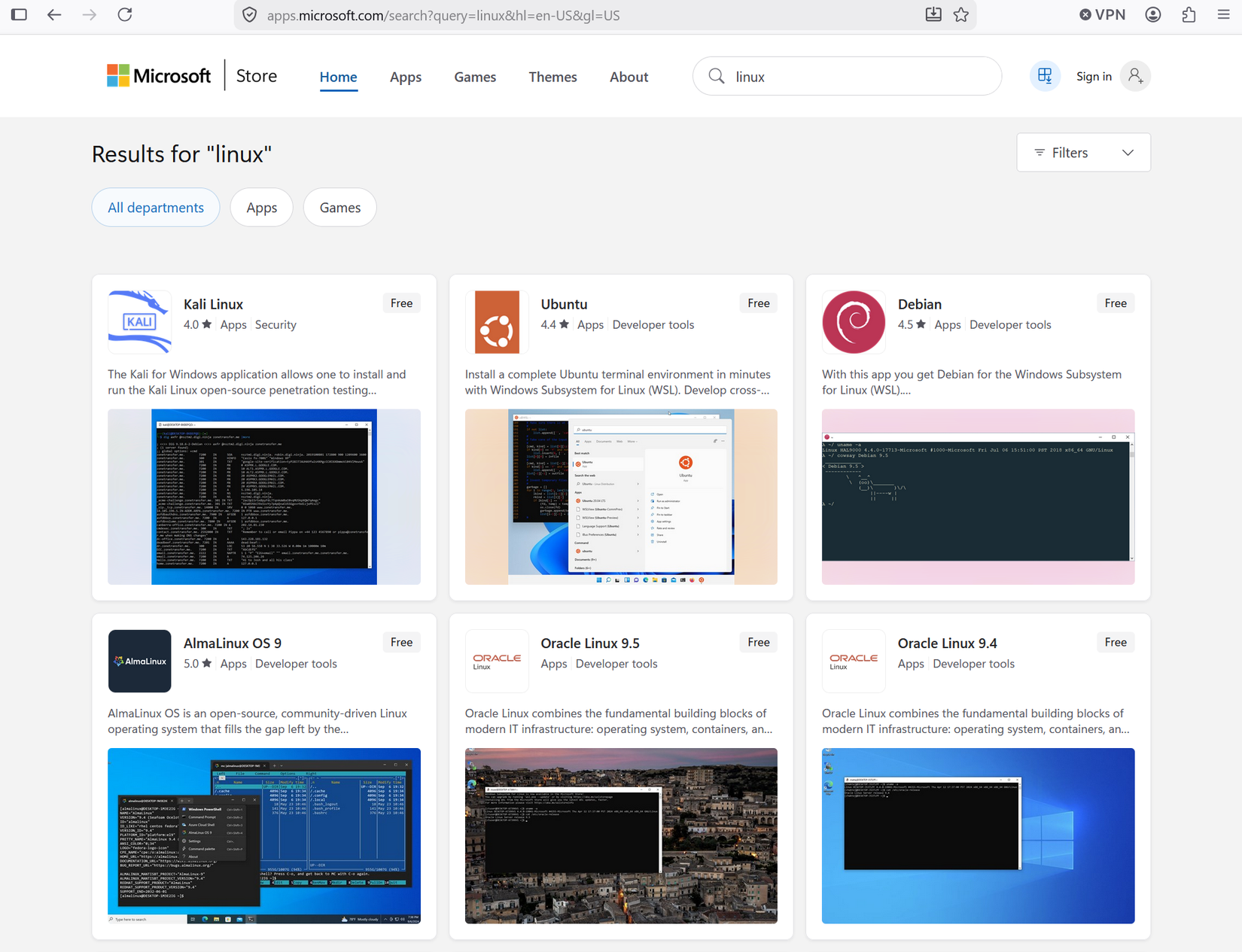 A screenshot of the Microsoft Store showing results for Linux.