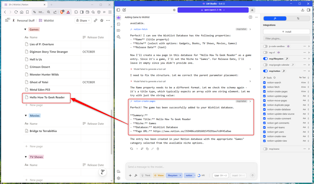LM Studio using the Notion MCP to add a game entry to a wishlist database