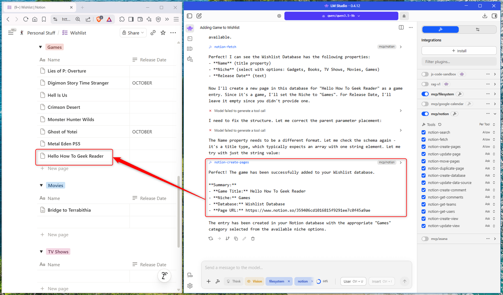 LM Studio chat using the Notion MCP to add a game entry to a Notion Wishlist database, with the new page highlighted in Notion.