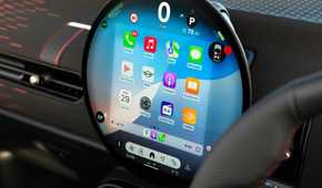 Close up of the infotainment screen in a 2025 Mini Cooper JCW Convertible