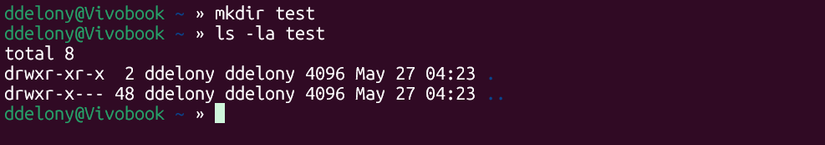Using the mkdir command to create the directory "test" in WSL.
