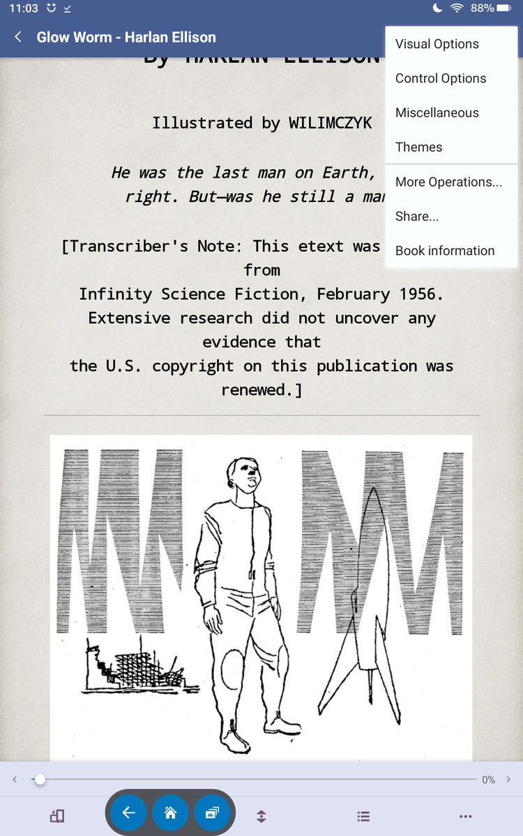 An old science fiction story featuring an image of a pencil-drawn man open in Moon+ Reader.