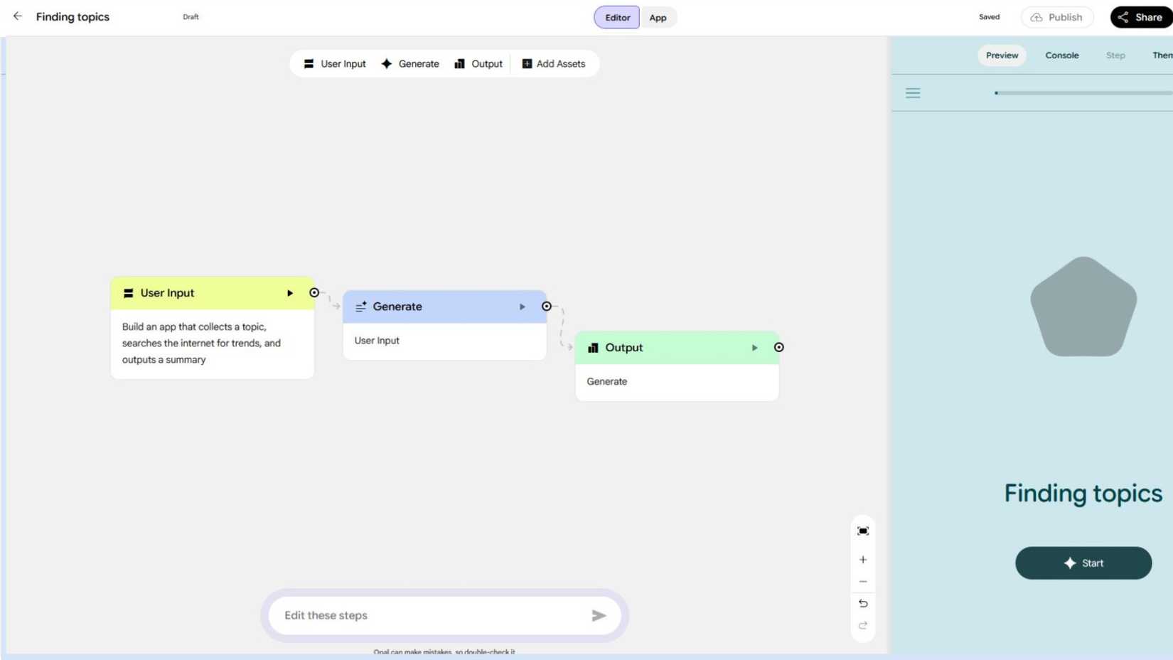 My App in Google Opal on finding topics