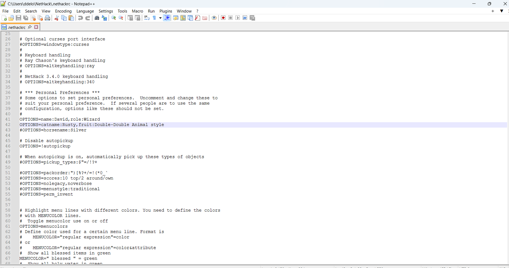 Notepad++ showing .nethackrc file.