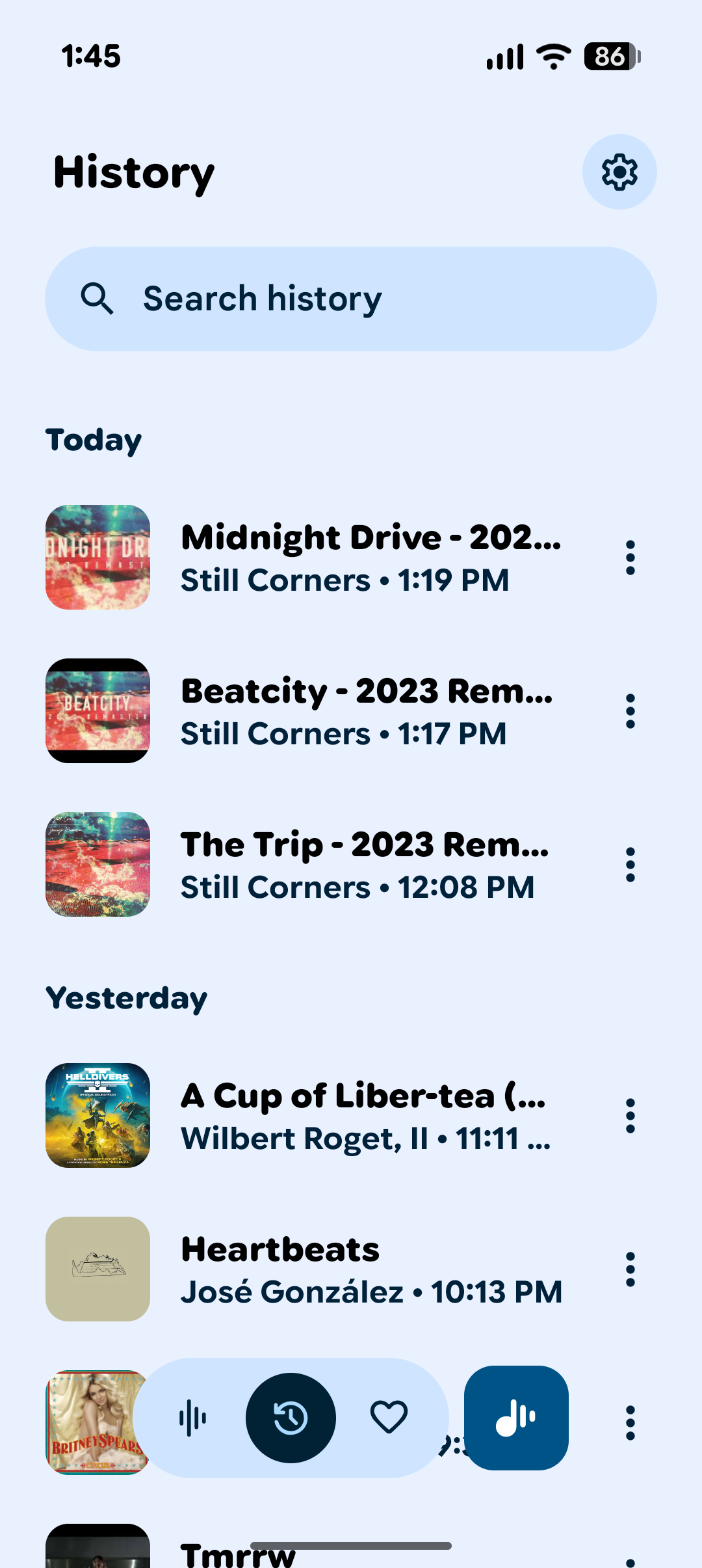 Now Playing history screen.
