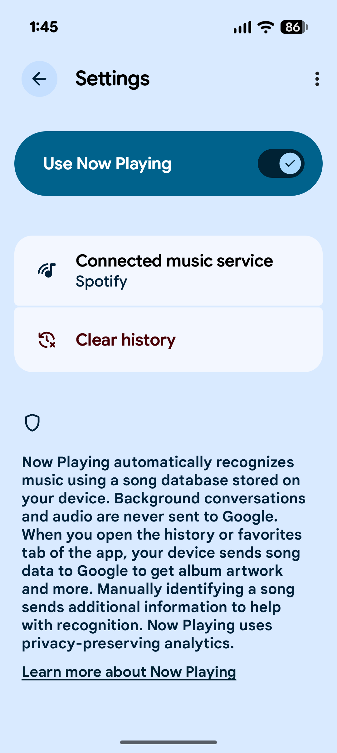 Now Playing Settings menu.