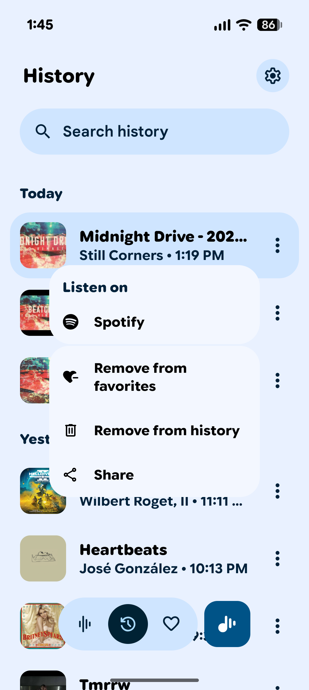 Now Playing song options menu.