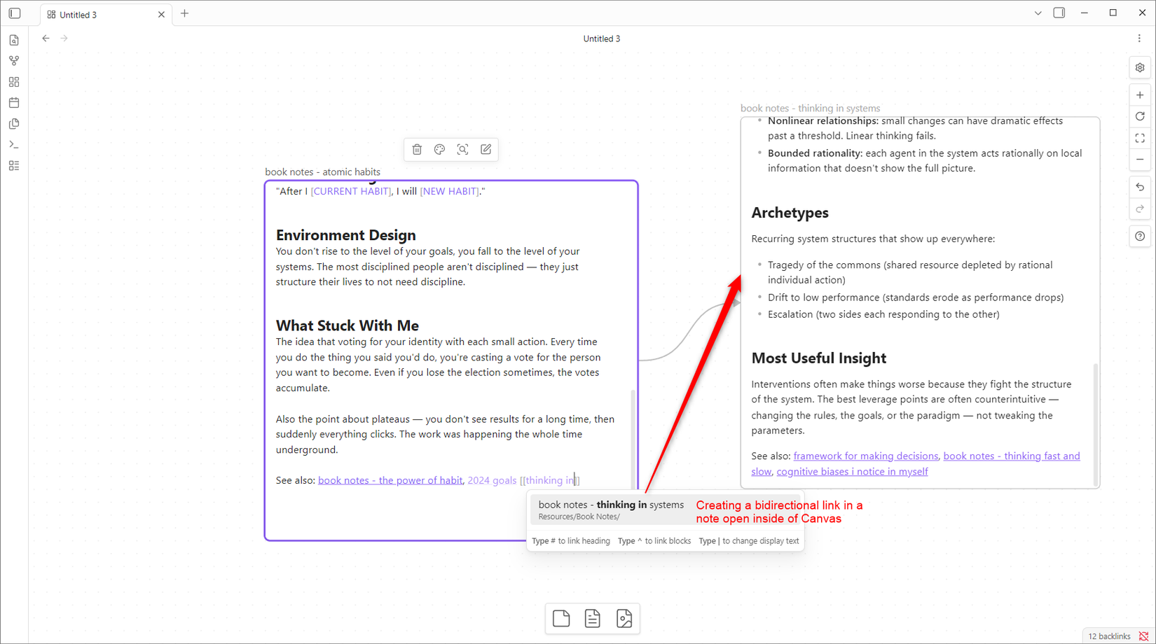 Obsidian Canvas with two vault notes connected by an arrow and a tooltip showing how to create a bidirectional link inside a note.