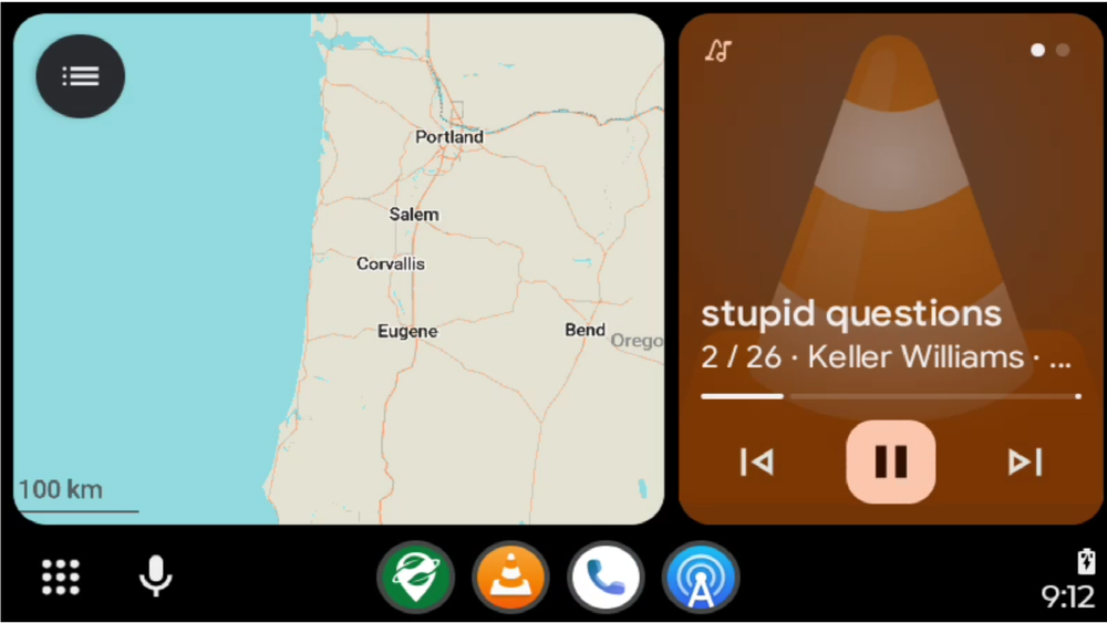 VLC and Organic Maps running on the Android Auto home screen