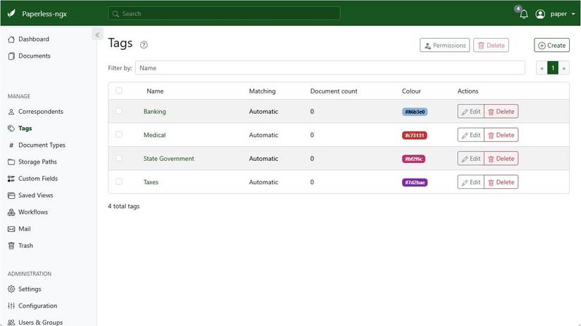 The Paperless Tags menu. 