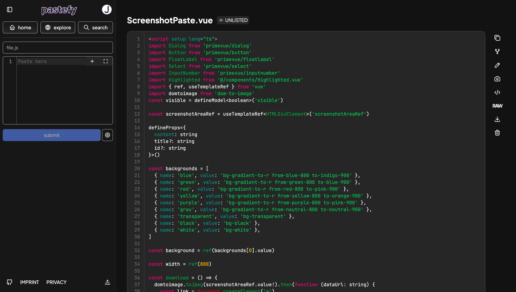 Pastefy's UI with code in the paste area showing syntax highlighting.