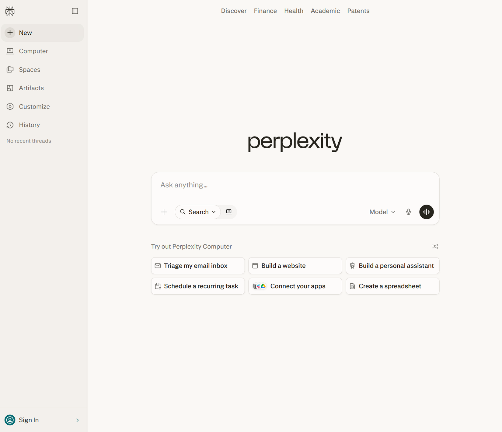 A screenshot of Perplexity AI open to the home page.