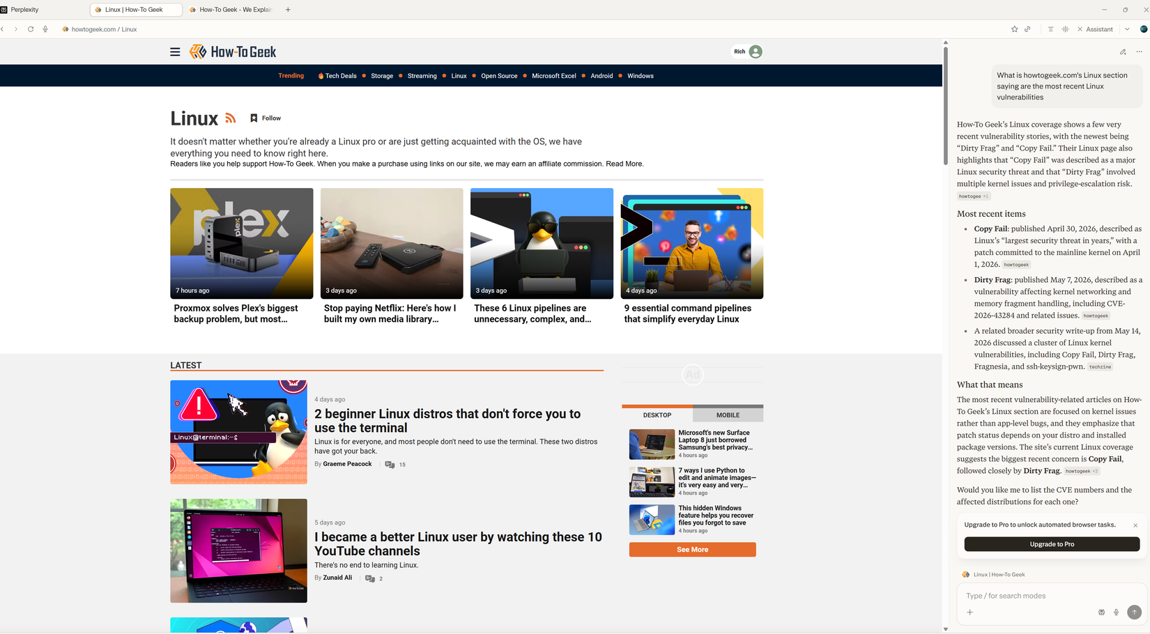 A screenshot of the perplexity browser open on Windows 11. Howtogeek.com's website is open and in the left hand side is the AI assistant.
