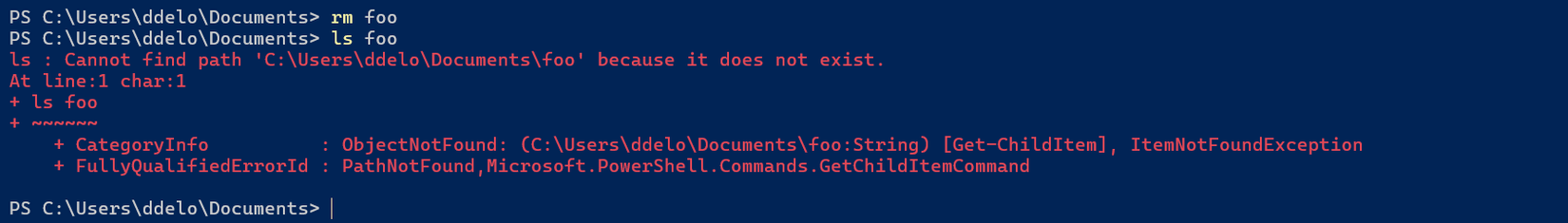 Removing a file in PowerShell named "foo," then using the ls alias to confirm it's been deleted.