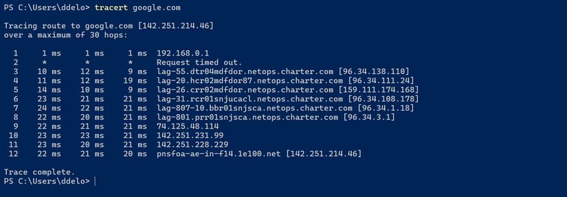 PowerShell tracert command of google.com.