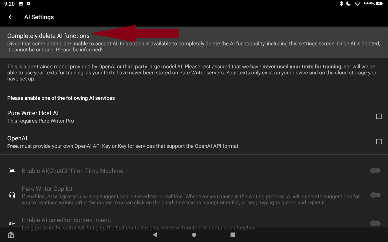 Removing the AI ​​component in PureWriter on Kindle