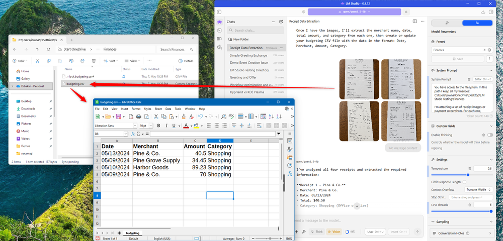 Receipt photos processed by LM Studio into a LibreOffice Calc budgeting CSV