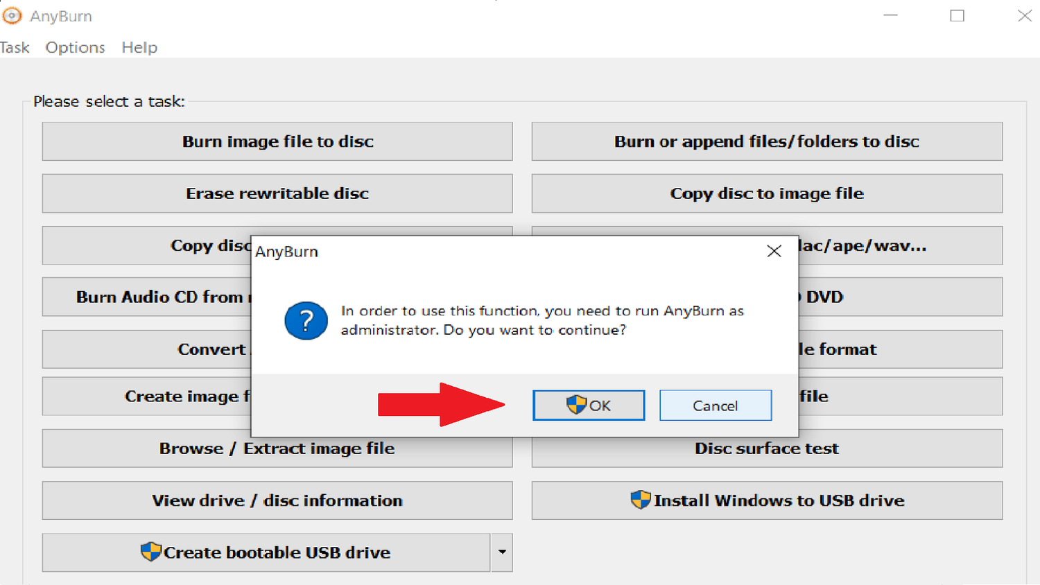 Running Anyburn as an Administrator in order to create a USB bootable iso.