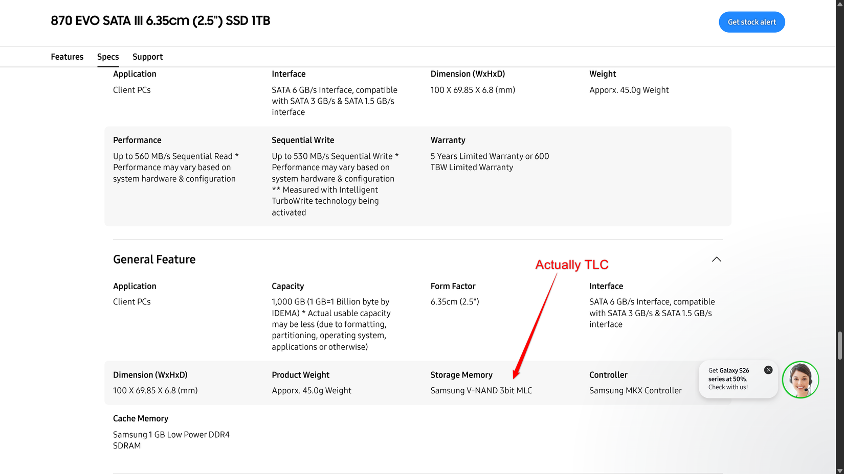 Samsung 870 EVO specs calling it 3-bit MLC which actually means TLC.