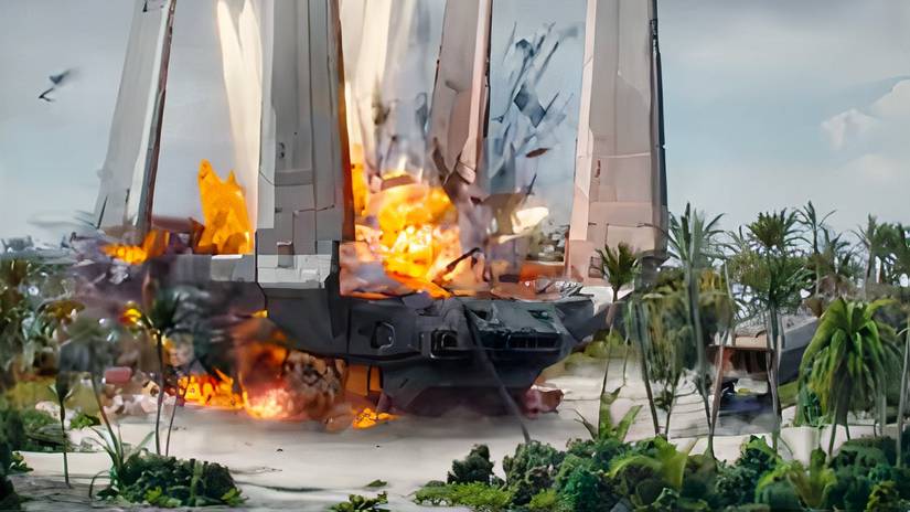 A ship explodes from bombs in Rogue One: A Star Wars Story. 