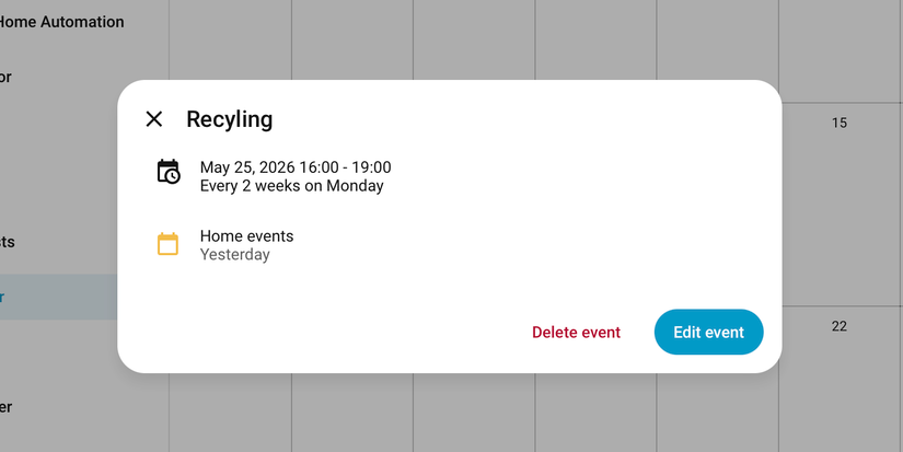 Home Assistant calendar event.