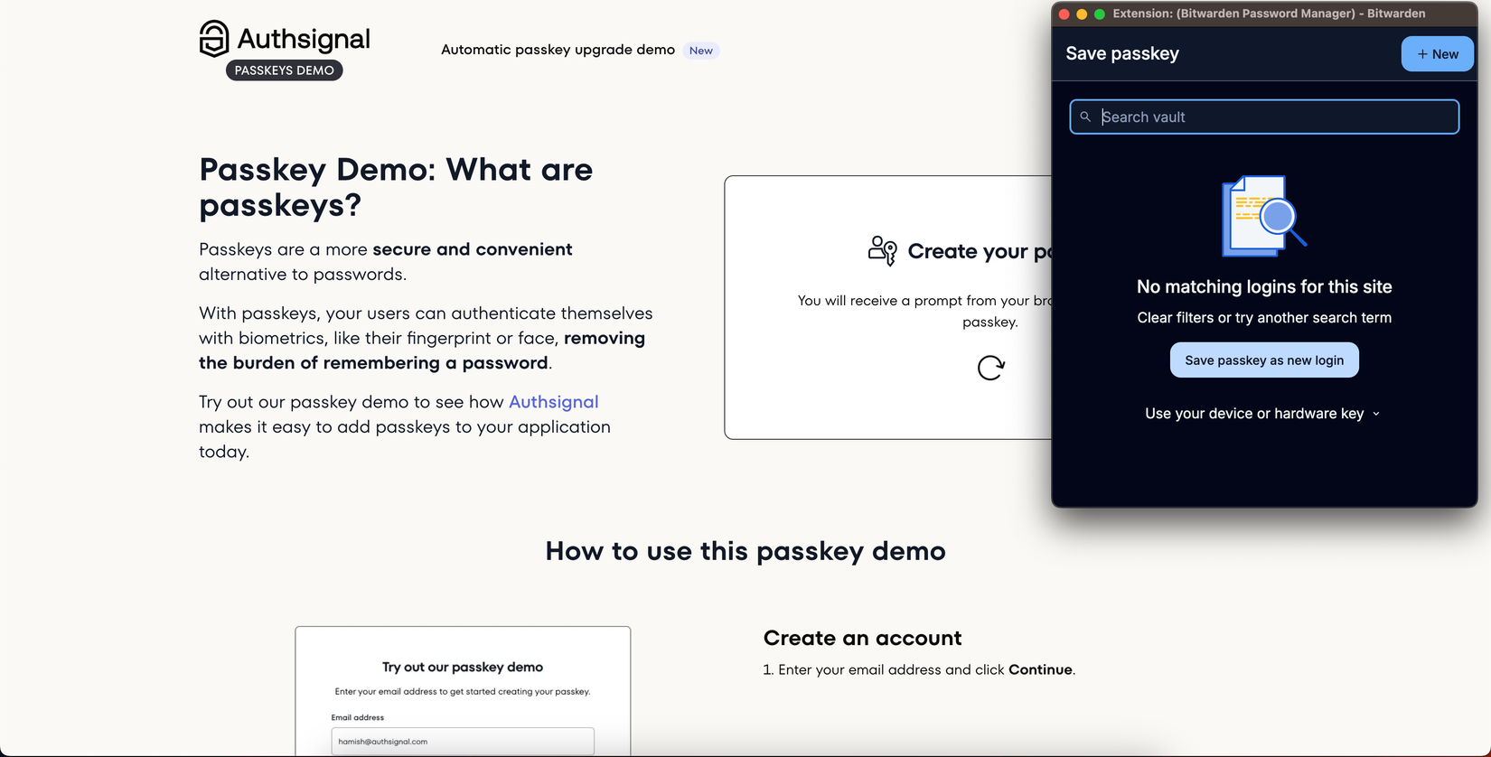 The Bitwarden extension prompts user to create and sync a new passkey.