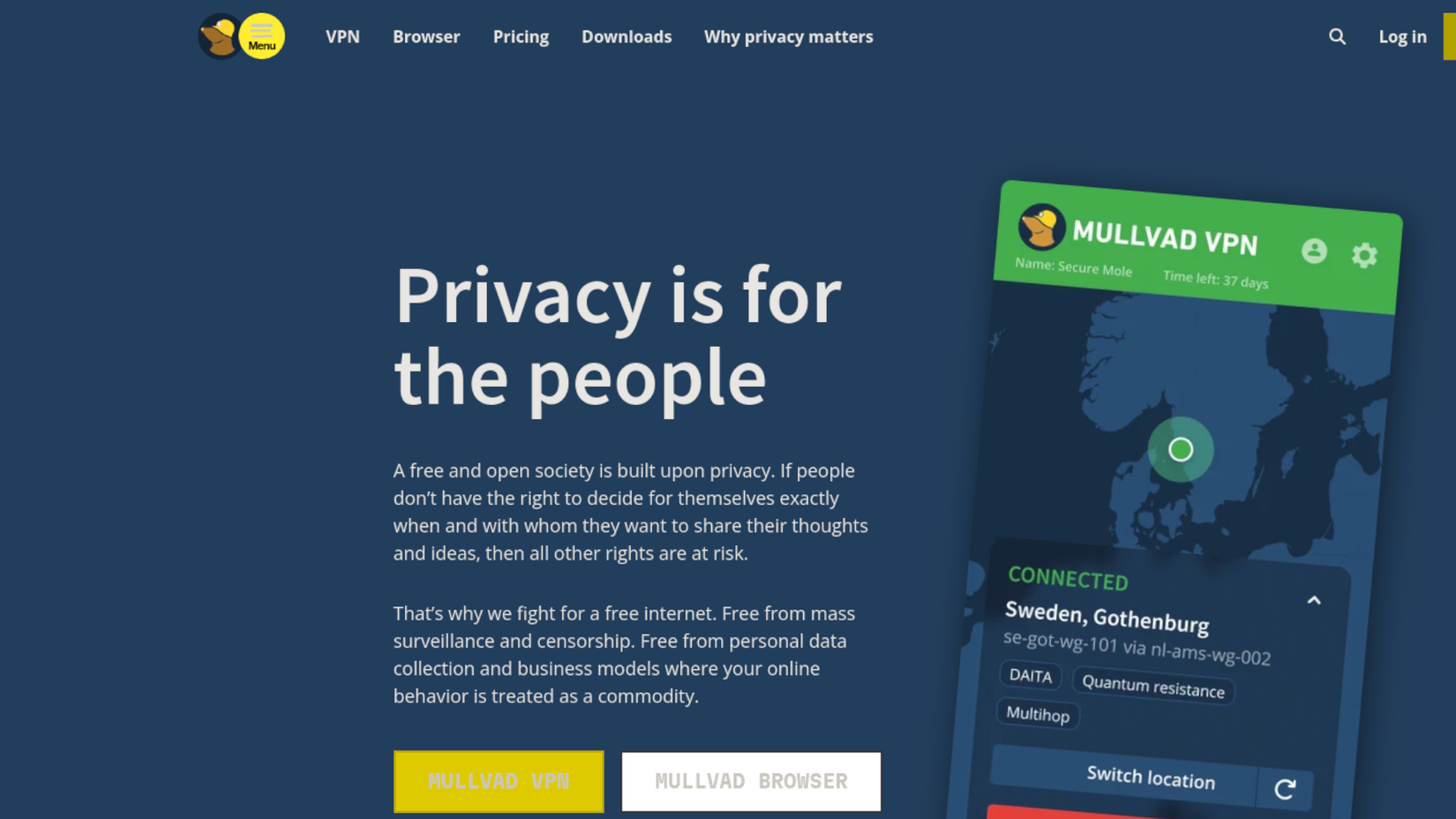 Screenshot of the Mullvad VPN homepage.
