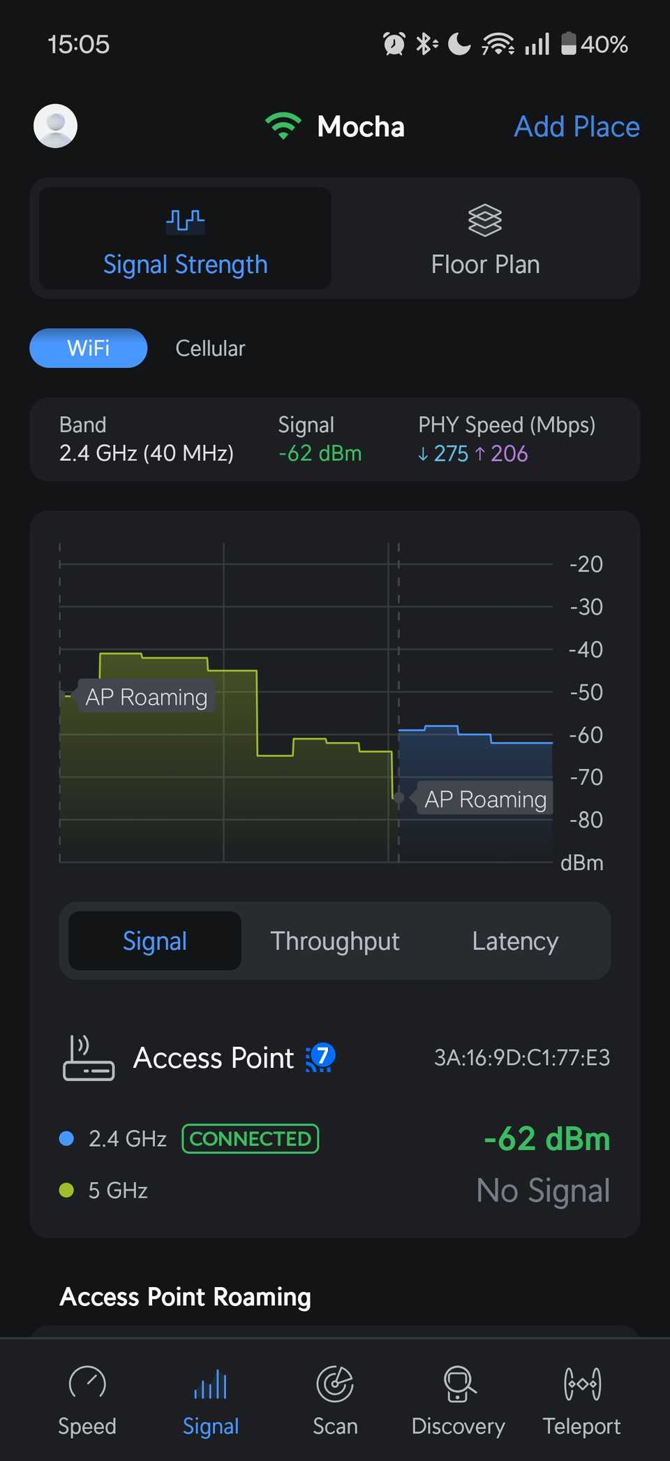 A screenshot showing a Wi-Fi signal dropping from 5GHz to 2.4GHz.