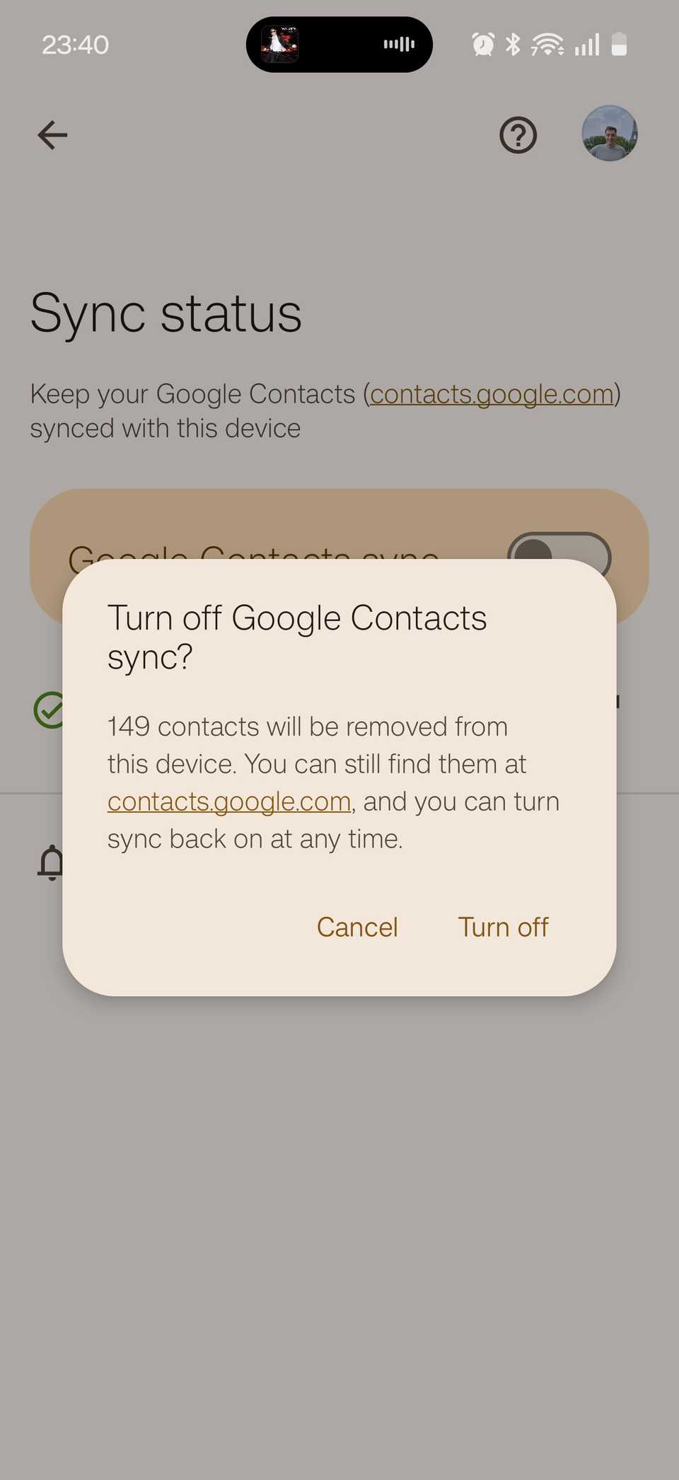 The Google Contacts sync option being disabled.