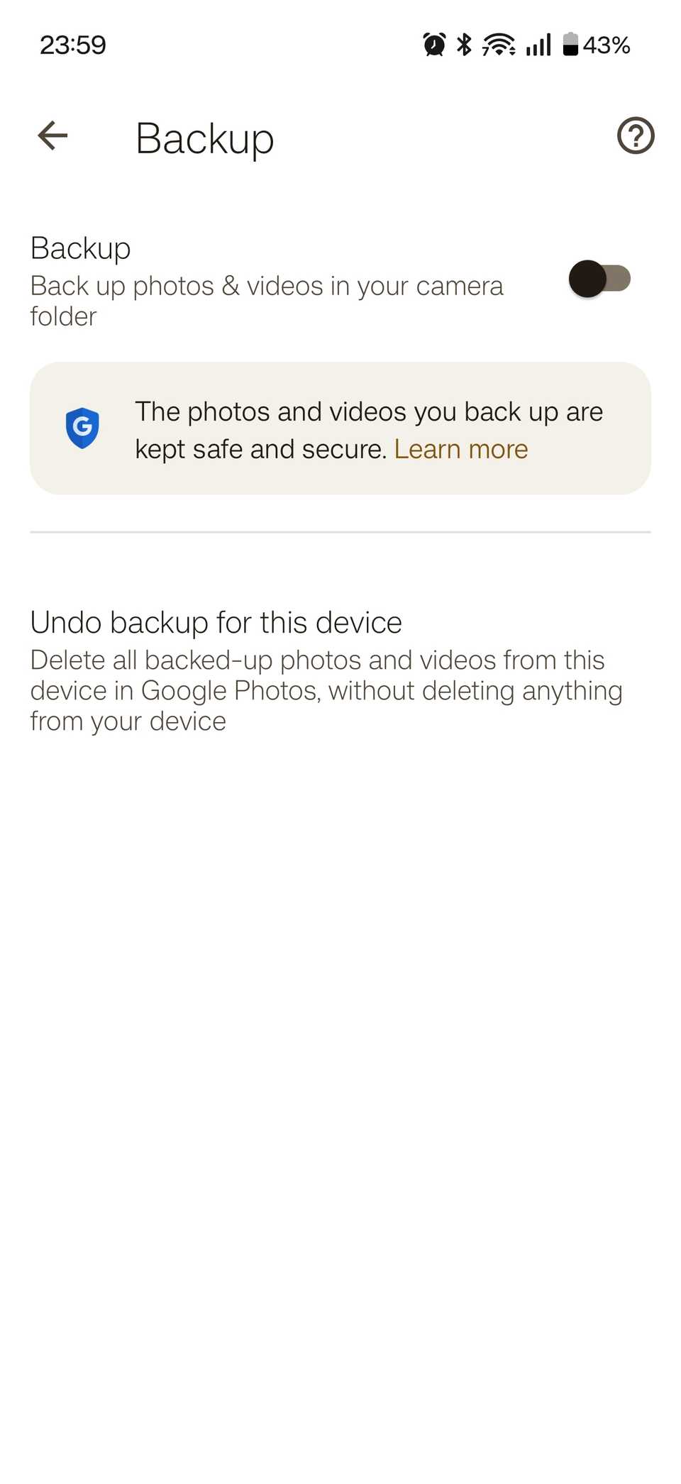 Backups turned off in Google Photos.