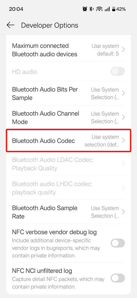 Android's Developer Options menu lets you manually select your Bluetooth audio codec