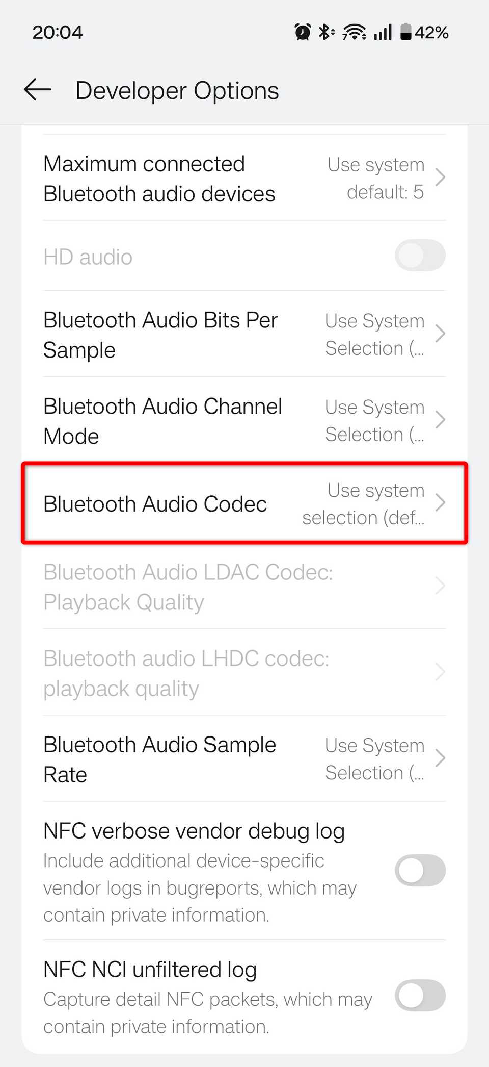 The Bluetooth Audio Codec in Developer Options in Android.
