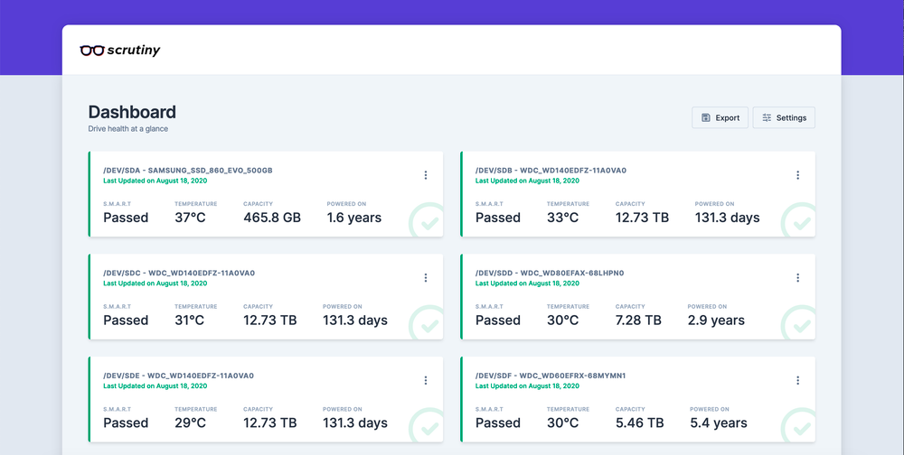 Scrutiny dashboard showing S.M.A.R.T. data across multiple drives