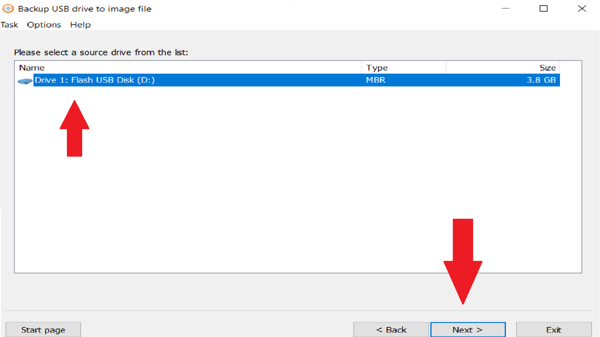 Selecting a USB drive for backup in Anyburn.