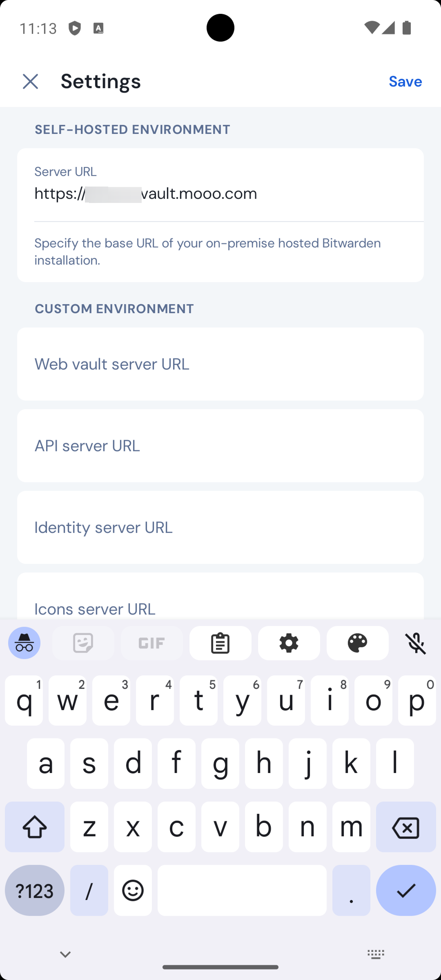 Self-hosted environment settings in the Bitwarden mobile app.